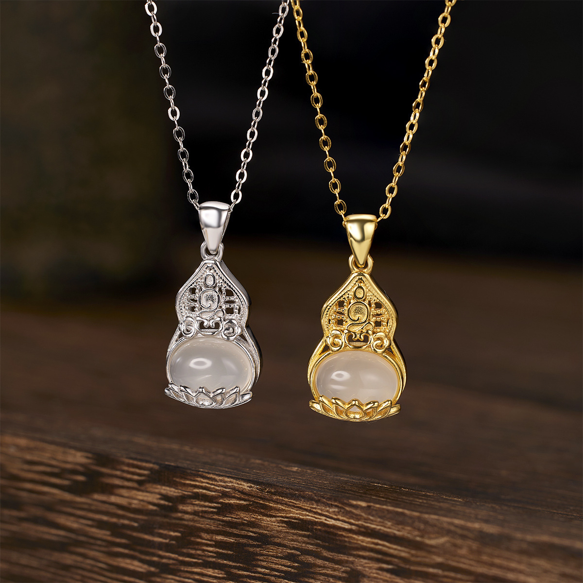 S925 Silver Kingdom Trend Palace Fashion Style Fu Lu Necklace, Women's Design, Gourd Pendant, White agate chalcedony Necklace accessory