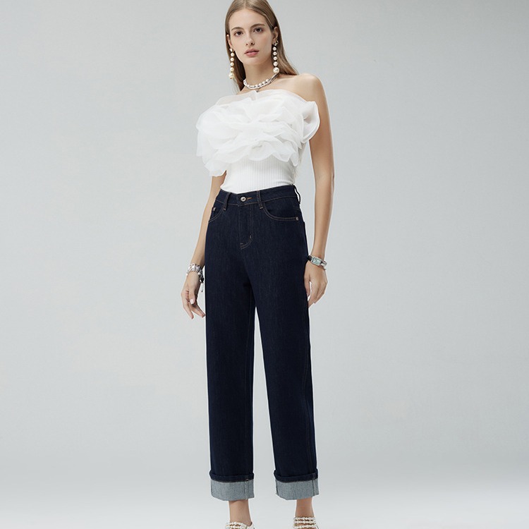 Spring and autumn new light luxury custom jeans, made of dark Lycra fabric, high-waisted, casual and versatile, trendy brand flanged Application Scenario