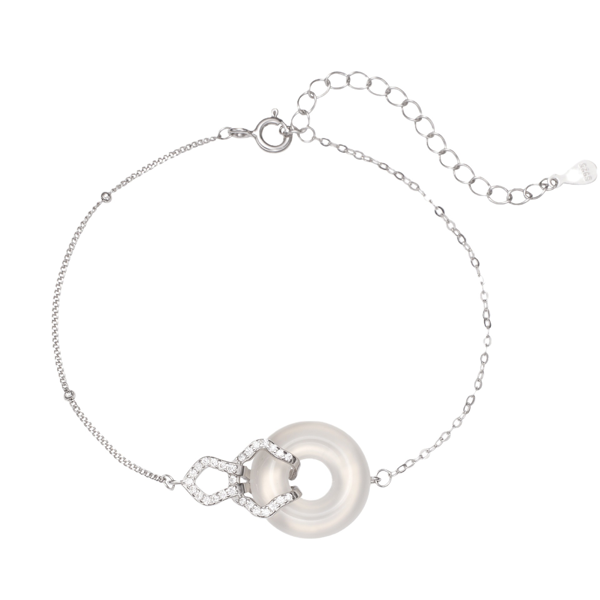 S925 Silver-white agate Palace Master Peace Pendant Women's bracelet, chalcedony gourd fashionable light luxury style zircon jewelry Item Picture