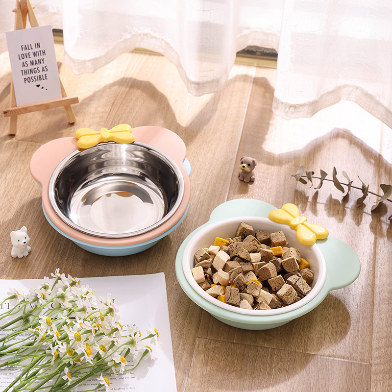Wholesale mini bow single bowl, double-layer stainless steel cat bowl and dog bowl, anti-slip and shock-resistant pet feeder in stock details Picture