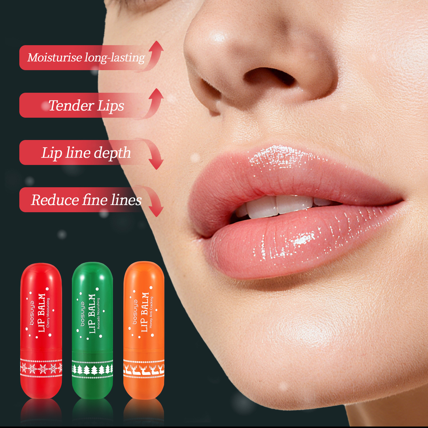 【 Cross-border Exclusive 】bosuya Christmas Lip Balm Set: Exfoliating, Reducing Lip Lines, Hydrating and Moisturizing Lip Balm Specification image