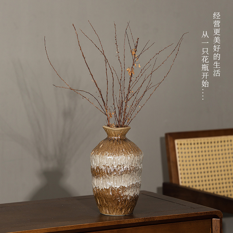 2026 European retro style ceramic vase, wabi-sabi style living room high-end feel, coarse earthenware jar, simple dried flower arrangement, flower vases and ornaments details Picture