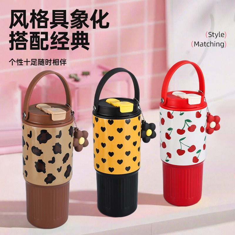 Checkered style high appearance level ice cup for girls, double-drinking straw cup, portable hand-held car, 316 stainless steel insulated cup details Picture