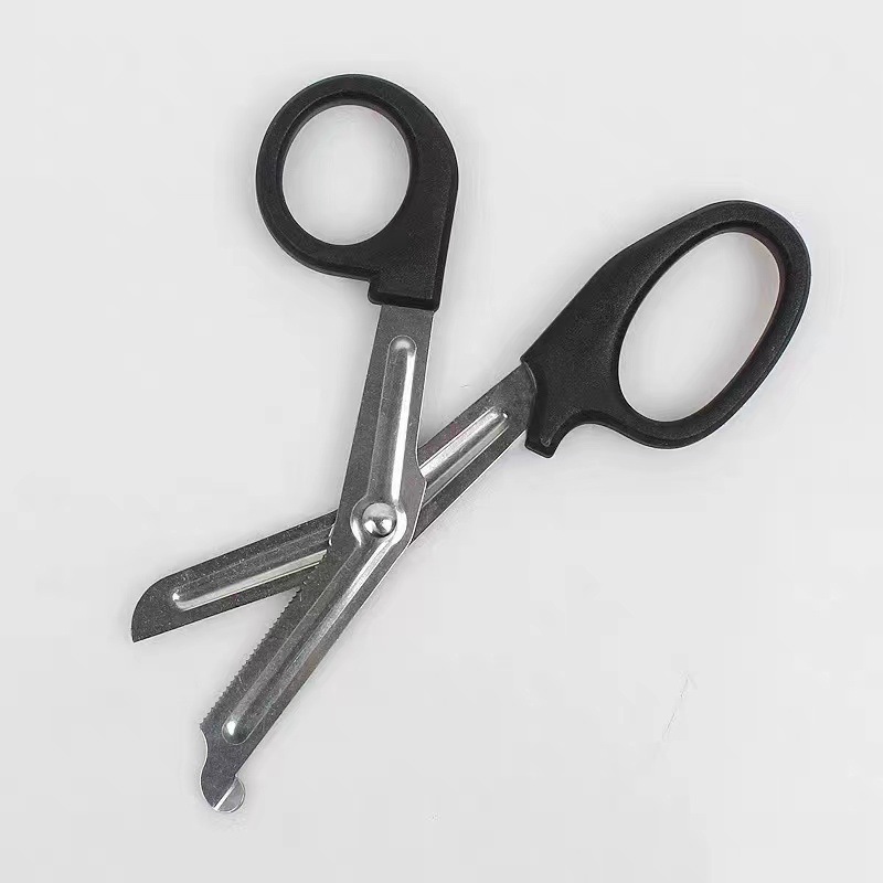 Stainless steel elbow gauze scissors, bandage scissors, household canvas size handle scissors, black 15CM round serrated scissors Item Picture