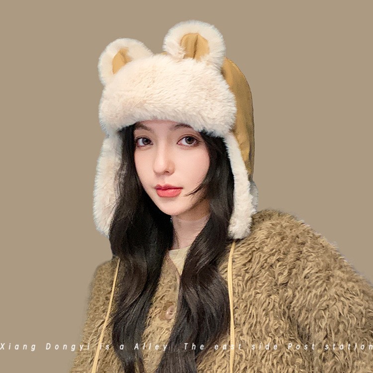 Cute little bear ear plush leather Lei Feng hat for women, winter with thickened fleece, windproof ear-protecting and warm hat, Northeast details Picture