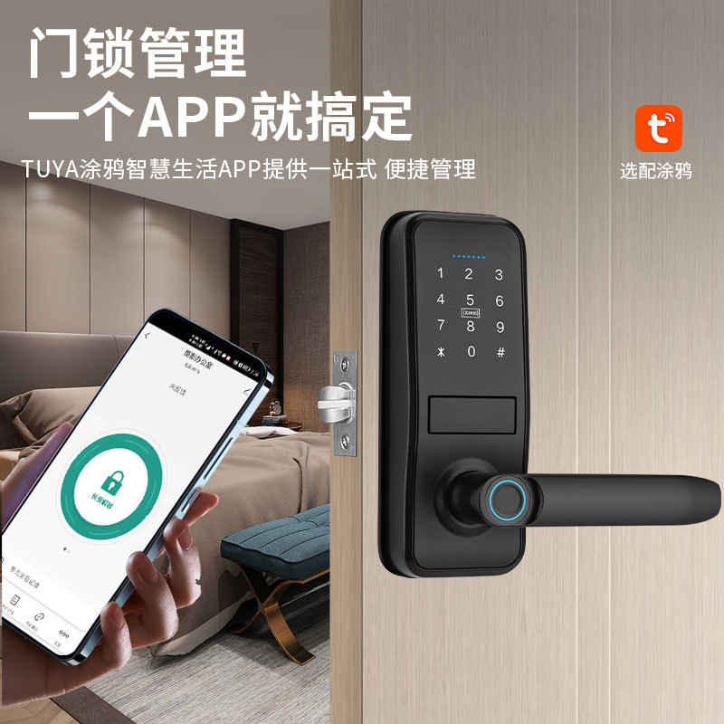 Black fingerprint smart lock with digital keyboard, circular sensing ring and door handle Application Scenario