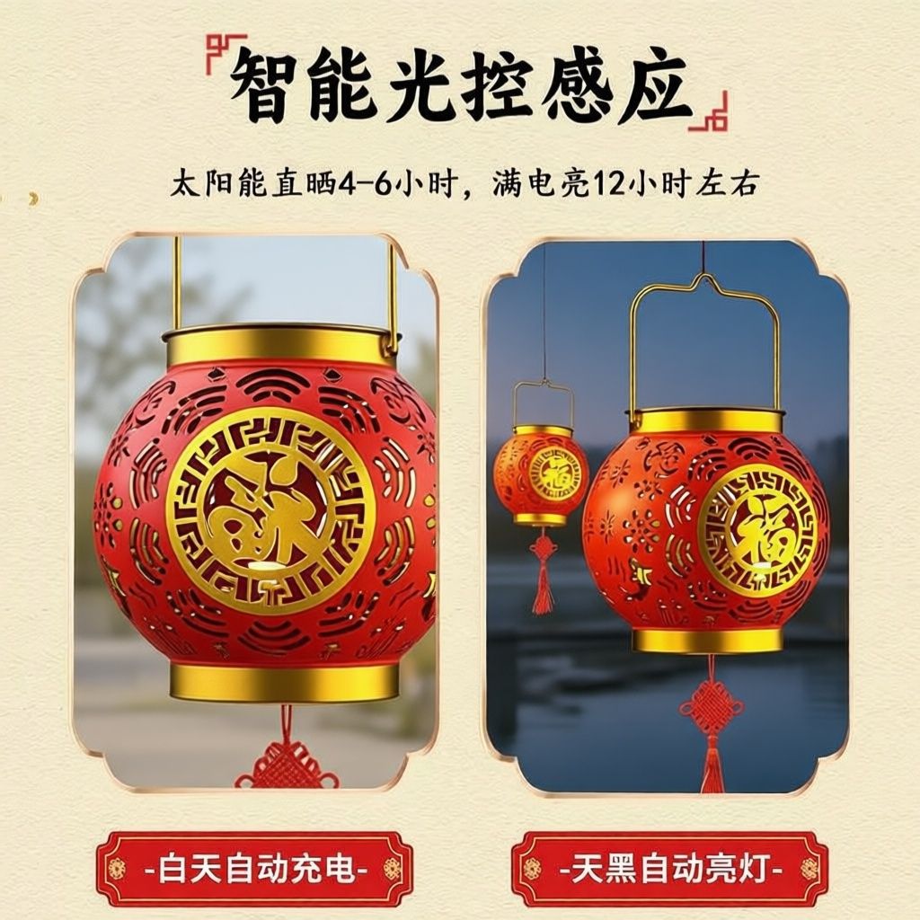 New Year's festive solar lanterns, outdoor courtyard rainproof chandeliers, red garden landscape atmosphere decoration, small night lights Specification image