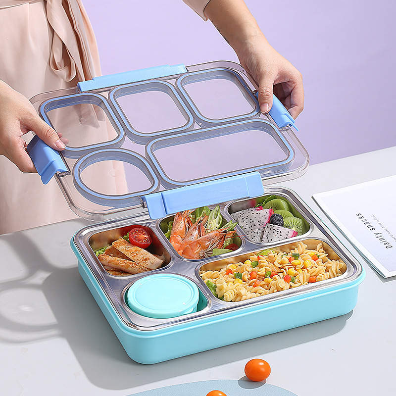 A stainless steel insulated lunch box with multiple compartments for students to bring their own meals. It is a specially designed lunch box with independent compartments and sealed to prevent odors from crossing Specification image