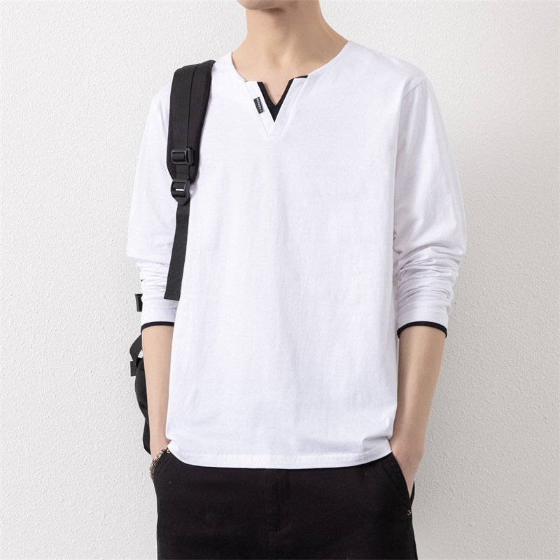 Two V-neck long-sleeved T-shirts for men, a thin spring and autumn top, pure cotton outerwear, a long Johns, a sweatshirt, and a casual base layer Specification image