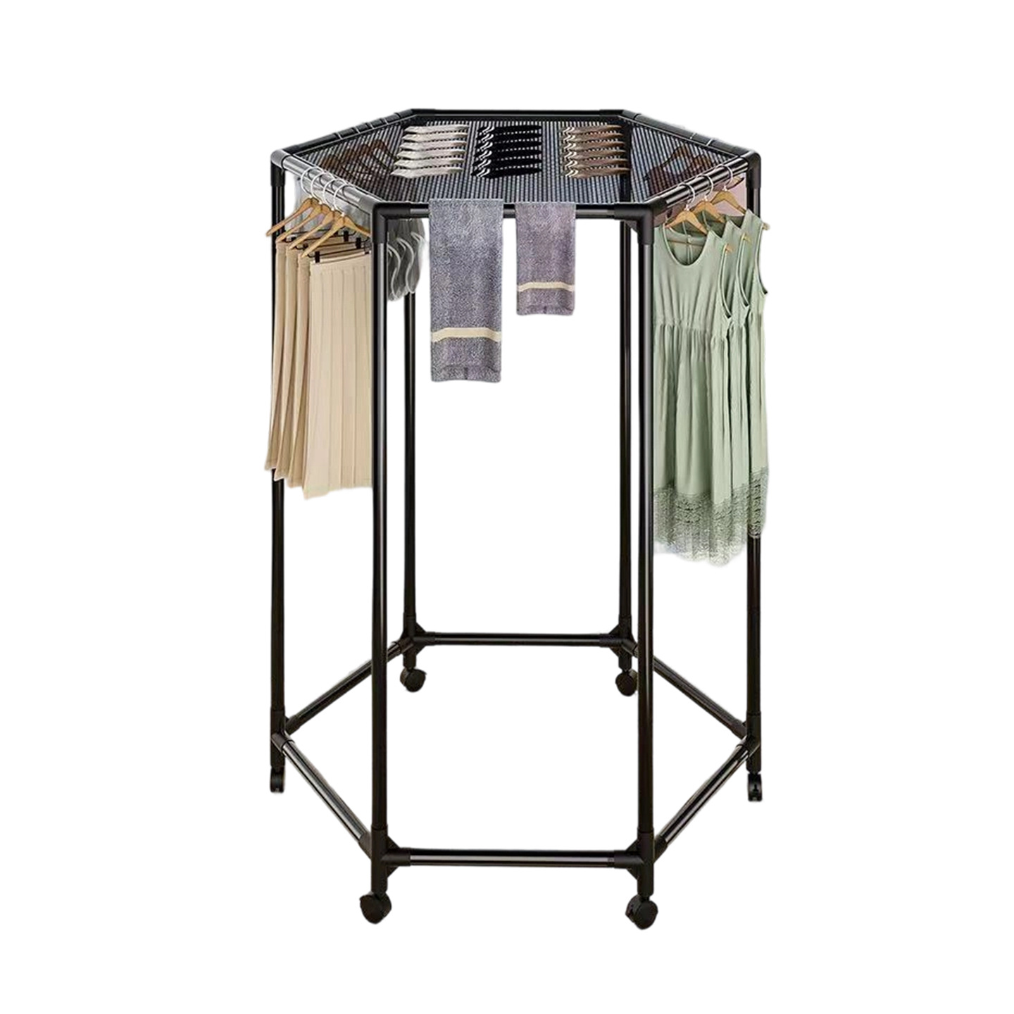 Hexagonal rotating clothes rack, floor-standing multi-layer clothing storage rack with grid layers for shoes, cross-border supply Item Picture