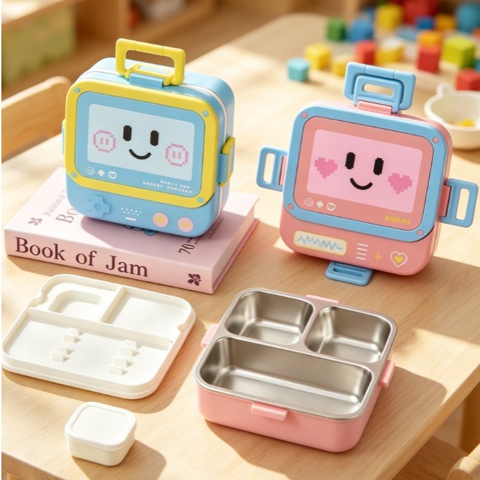 baby lunch box Cartoon robot Stainless steel children's compartments Lunch box Portable bento box full image