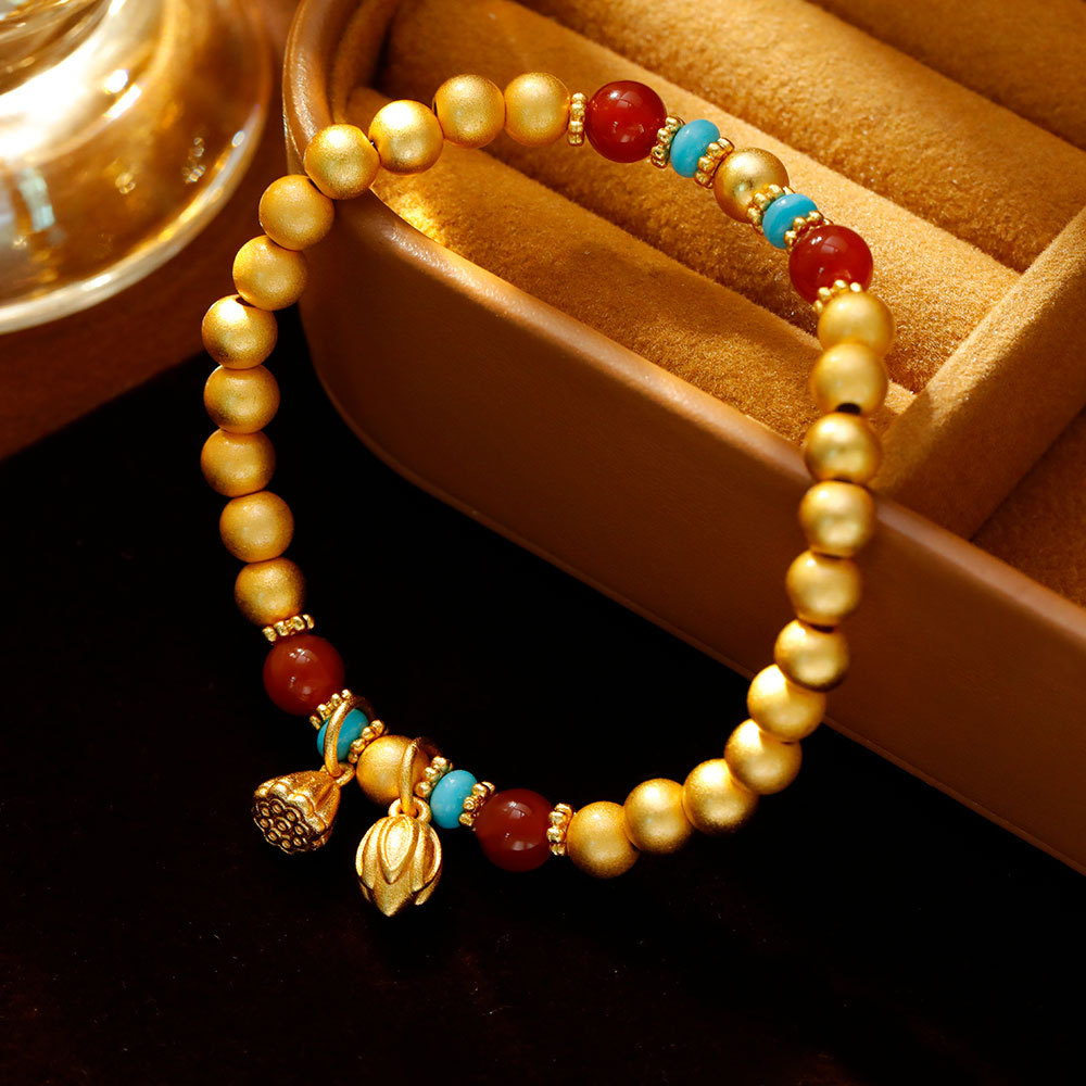 The Hyacinth gold store's same copper-plated sand-gold beaded bracelet with a court style and a high-end feel. The lotus pod pendant bracelet was a bestseller in Douyin live streaming Specification image