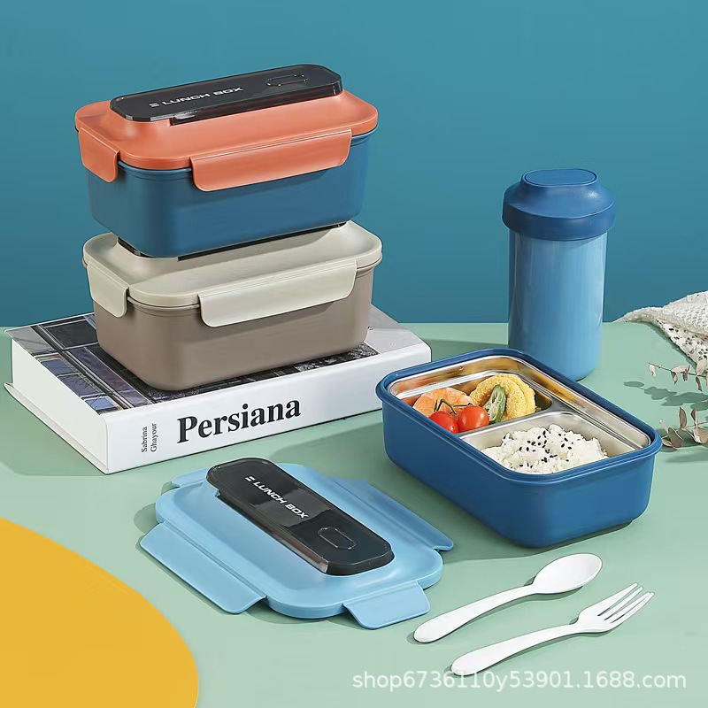 学生简约PP分格饭盒上班族304不锈钢午餐便当盒便携水杯餐具套装