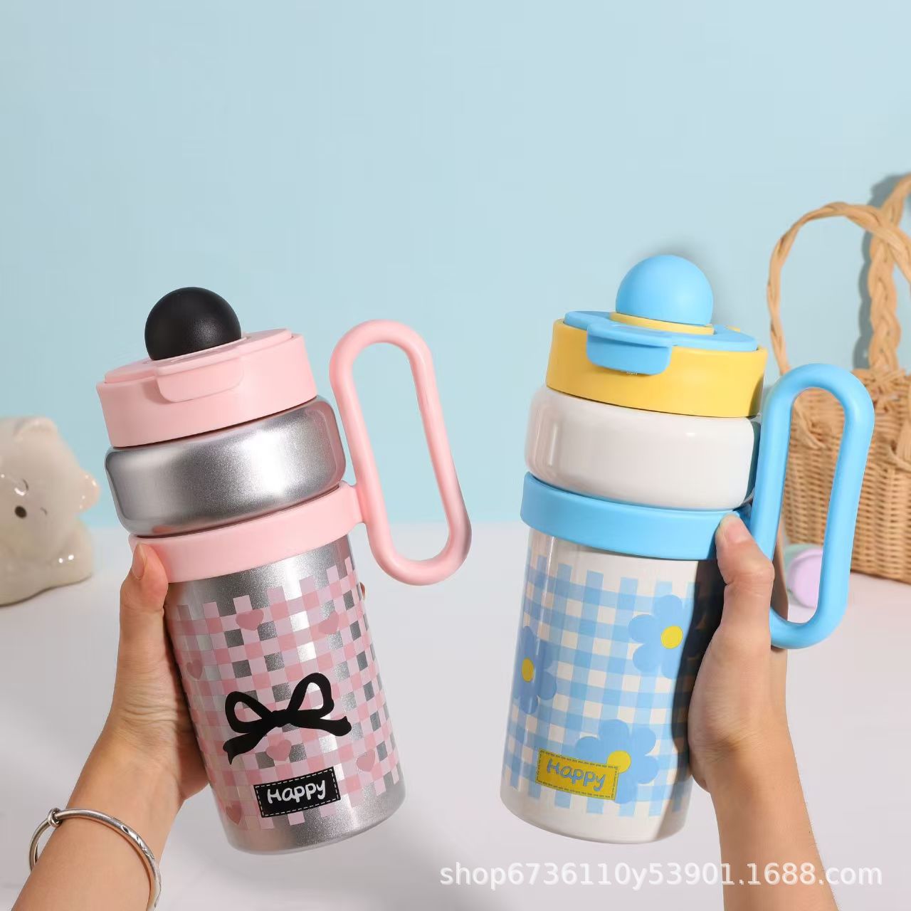 316 stainless steel insulated cup, portable shoulder strap, handle cup, high appearance level, cartoon large capacity, with straw, double drinking cup details Picture