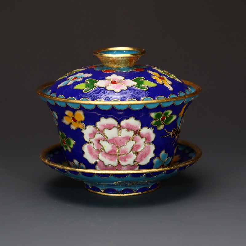 Beijing Cloisonne craft cultural gift and decorative items: copper body, cloisonne enamel, filigree, silver blue, large and small tea bowls and covered bowls