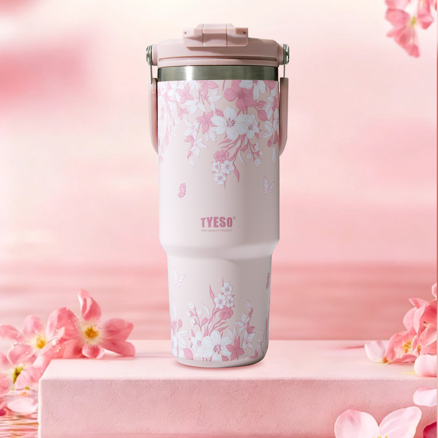 TYESO/ Taishuo Colorful Flower Insulated Cup, double-layer cold preservation portable ice cup, double-drinking car large-capacity water cup Specification image