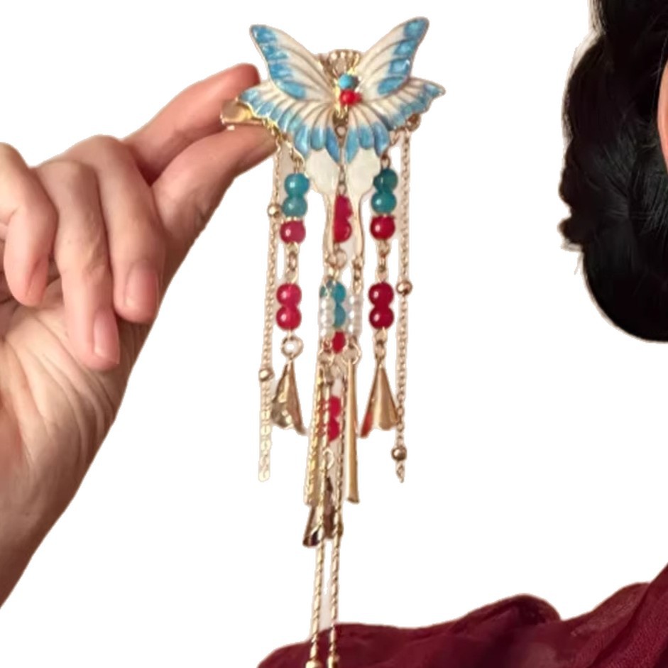 New Chinese-style New Year enamel Chinese-style butterfly tassel hair clip, women's side clip, ancient-style hair accessory Item Picture