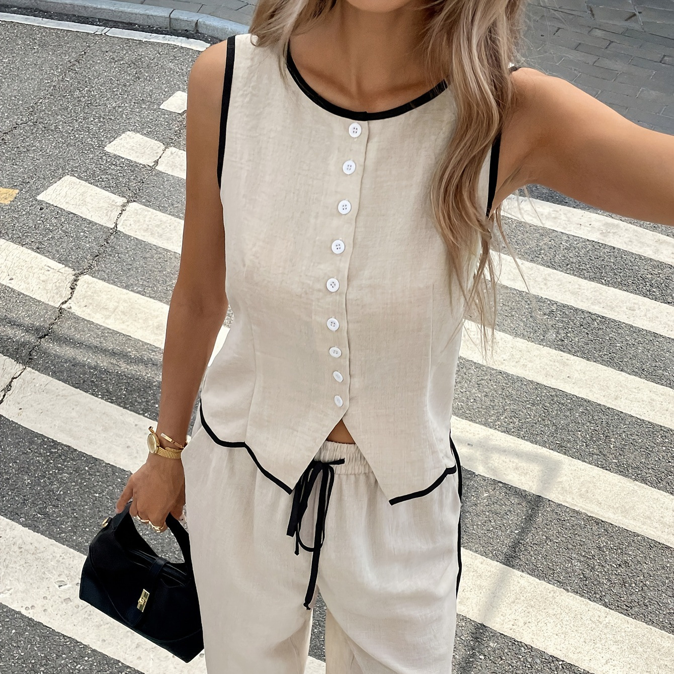 Summer cross-border trade European and American size women's color-matched sleeveless single-breasted vest and drawstring long pants set in stock Application Scenario