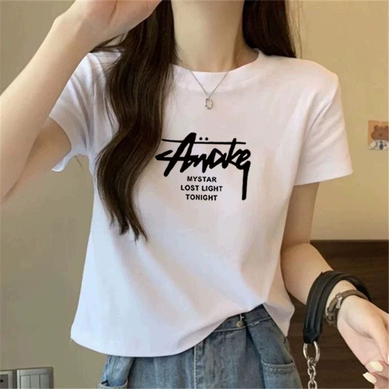 纯棉短袖T恤女夏季新款白色圆领小衫修身短款小个子百搭上衣全棉