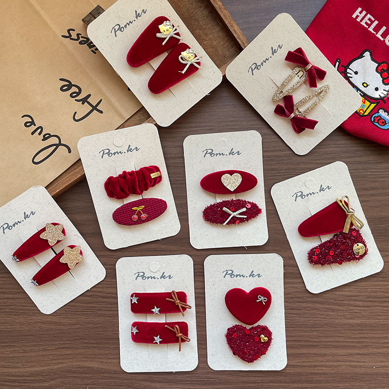 新款韩式红色系新年款发夹布艺手工儿童掰掰夹蝴蝶结甜美刘海夹女