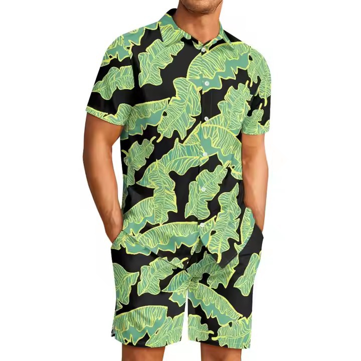 3D digital printed Hawaiian banana leaf printed men's Cuban collar shirt casual beach pants set Application Scenario