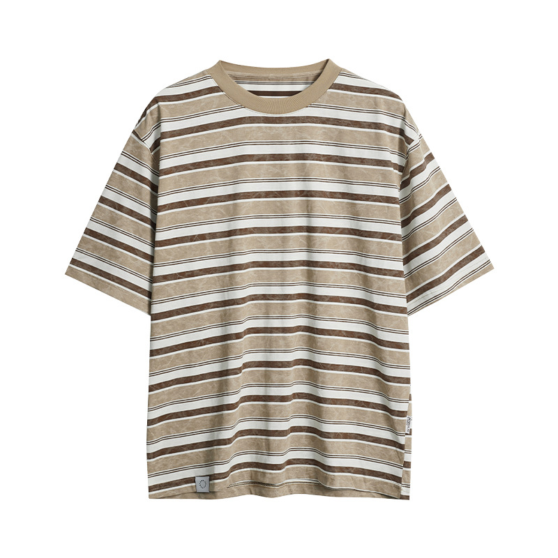 APO Men's Wear: Japanese retro trend color-blocking striped T-shirt for men's summer new round neck loose and versatile short-sleeved men's T-shirt Item Picture