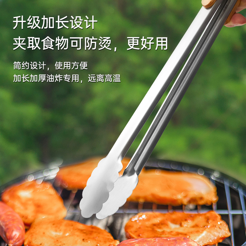 Stainless steel food tongs, high-temperature resistant wooden handles, anti-scald steak tongs, food tongs, BBQ barbecue tongs, roast meat tongs, baking tongs details Picture