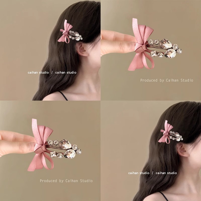 New Korean sweet ribbon bow, rhinestone duckbill hair clip, super fairy-like bangs clip, side clip hair accessory for women New Korean sweet ribbon bow, rhinestone duckbill hair clip, super fairy-like bangs clip, side clip hair accessory for women