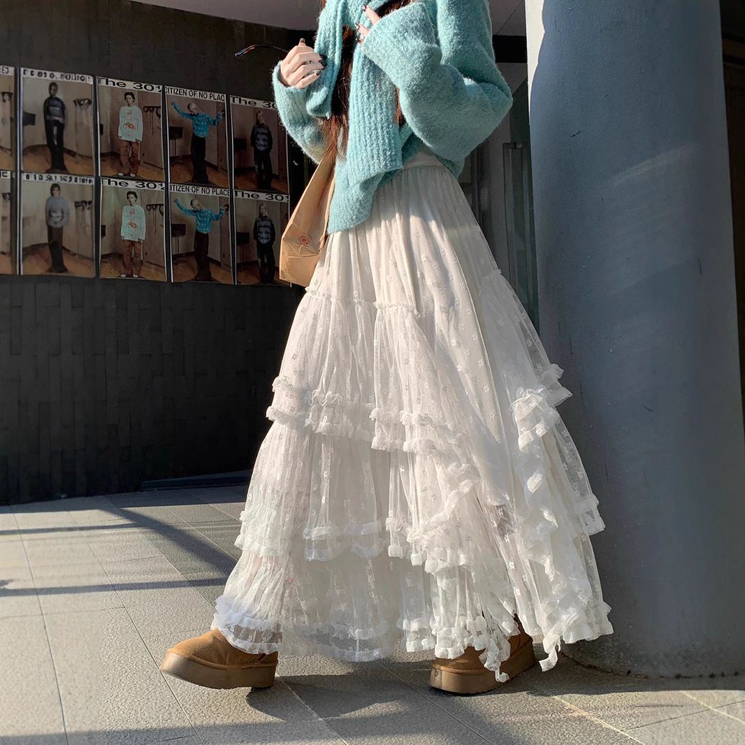 白色重工蕾丝拼接不规则网纱半身裙女秋冬高级感蛋糕裙大摆长裙子