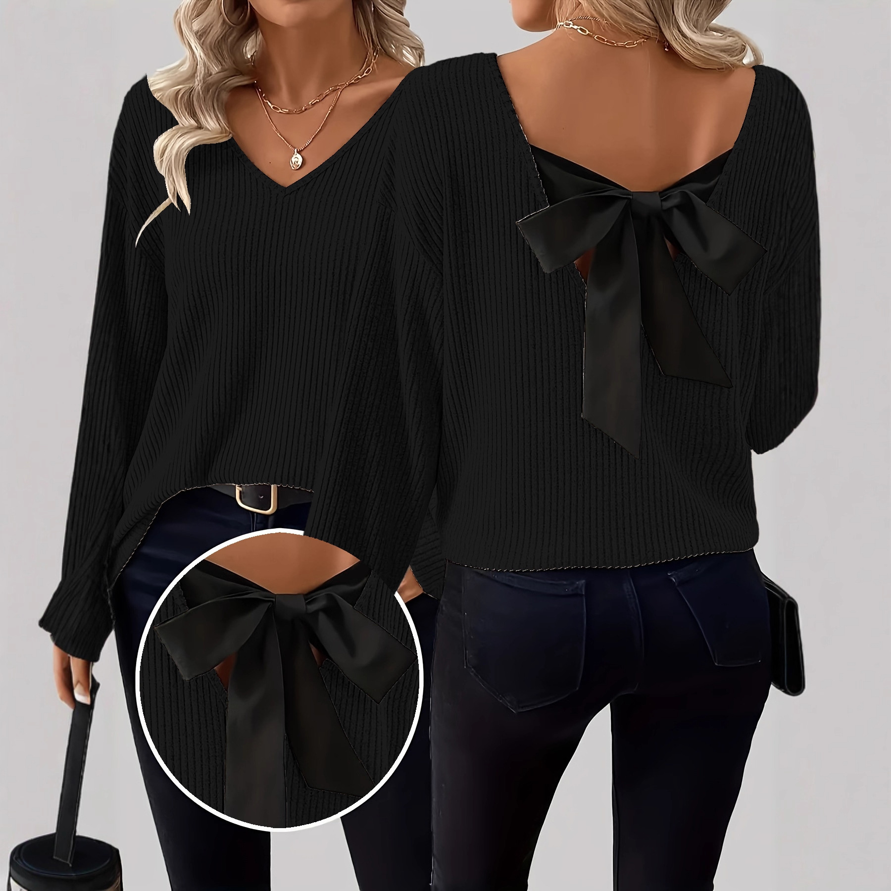 European and American women's V-neck solid-color sweater, new autumn export style long-sleeved casual loose bow top for women details Picture