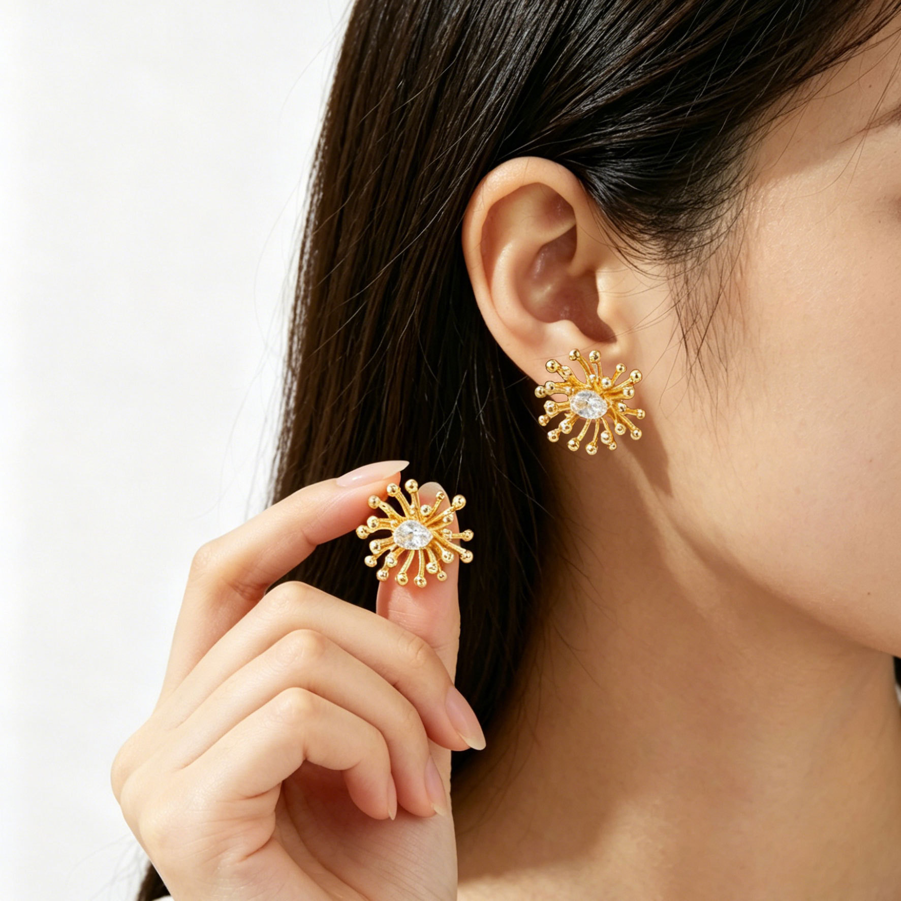 Light luxury style firework stud earrings, copper alloy, real gold electroplated with zircon s925 silver needle, high-end feel, versatile daily earrings