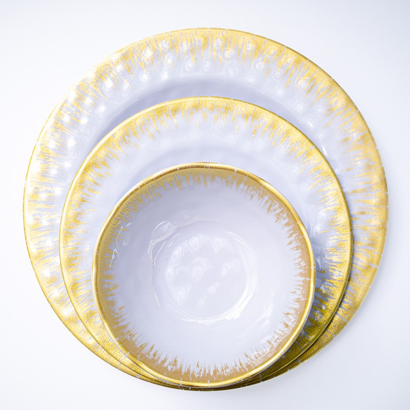 Foreign trade Japanese-style golden edge high-end creative bowl and plate set, melamine bowls, Western plates, steak plates, melamine tableware full figure