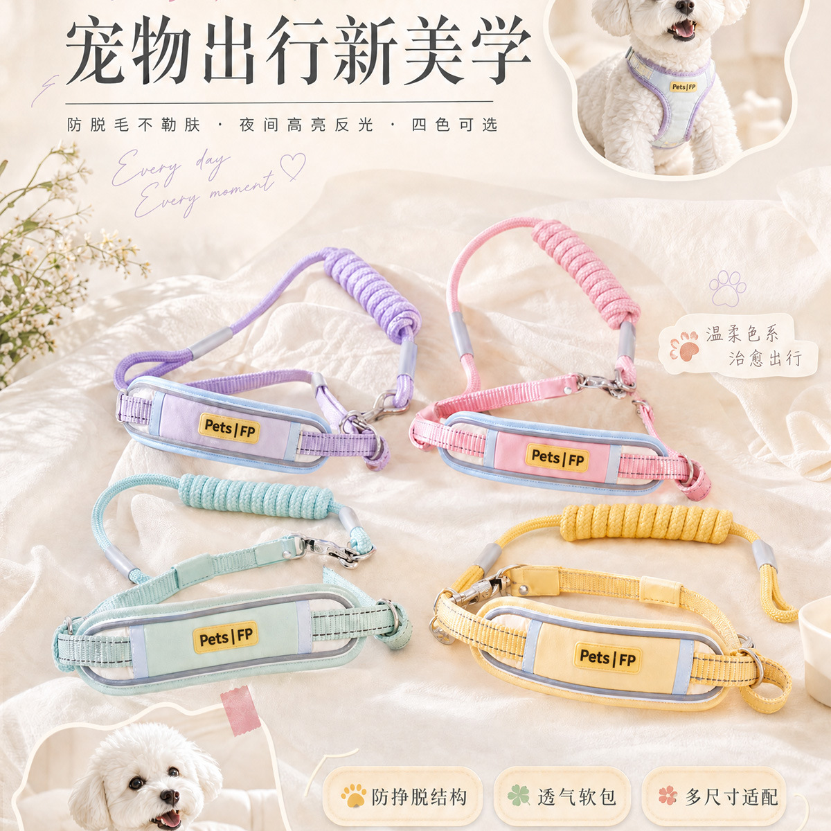 Wholesale macaron color-block pet chest and back straps, reflective dog leashes, anti-escape and anti-collision dog leashes