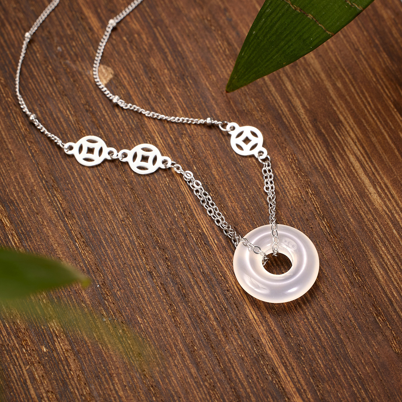 925 Peace Pendant Pure Silver Necklace, women's traditional Chinese style, ethnic style, coin chalcedony, New Chinese style, ins, high-end look details Picture