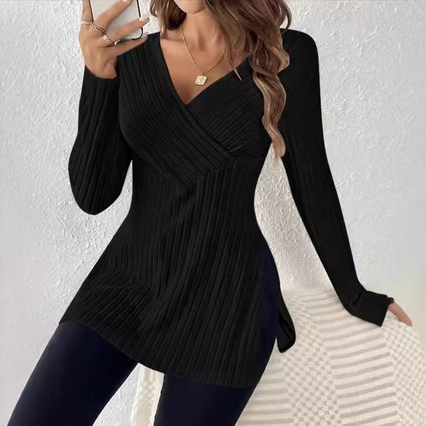 2024 Cross-border women's clothing Amazon Autumn/Winter New long-sleeved solid color V-neck casual home striped top Specification drawing