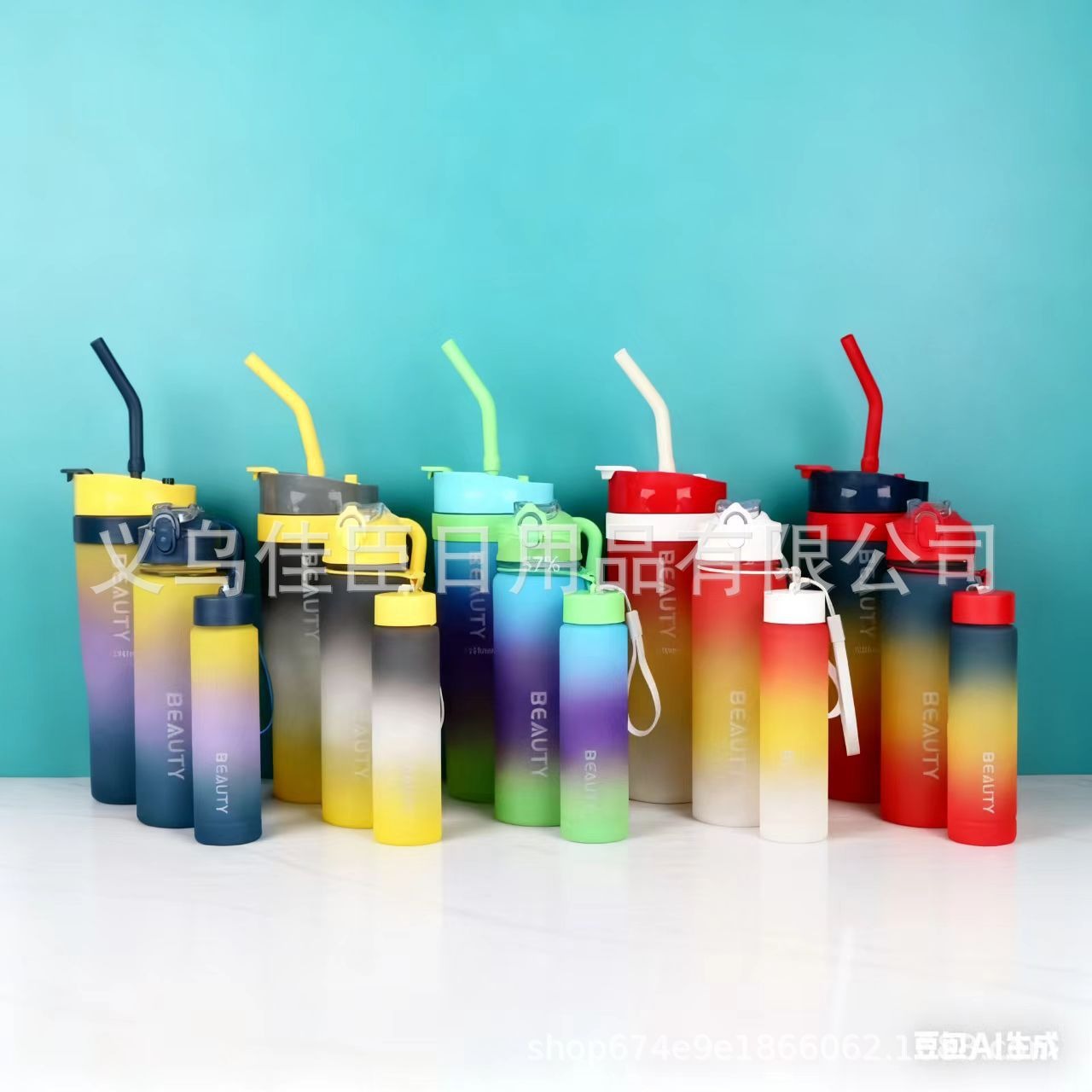 车载巨无霸冰霸杯三件套渐变色塑料杯便携手柄吸管汽车杯外贸爆款产品图