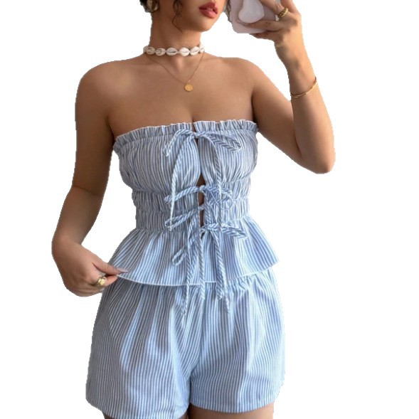 A two-piece set of cross-border summer casual strapless striped ruffled crop top and elastic waist shorts Item Picture