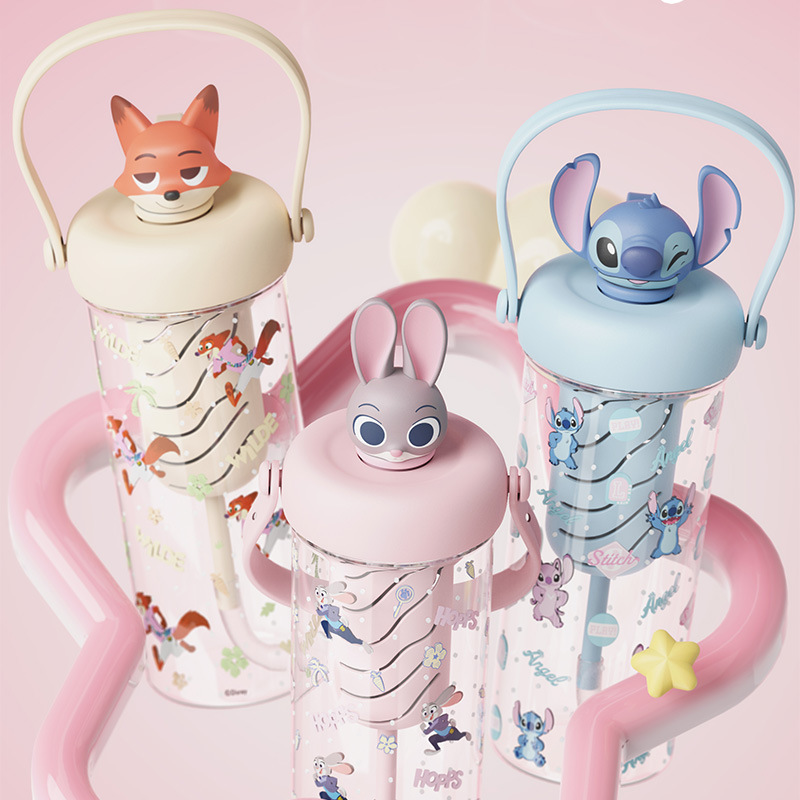 New Xiaoman doll fruit tea plastic cup, cute straw cup for primary school students, Le Si Double Drink, summer plastic water cup for school details Picture