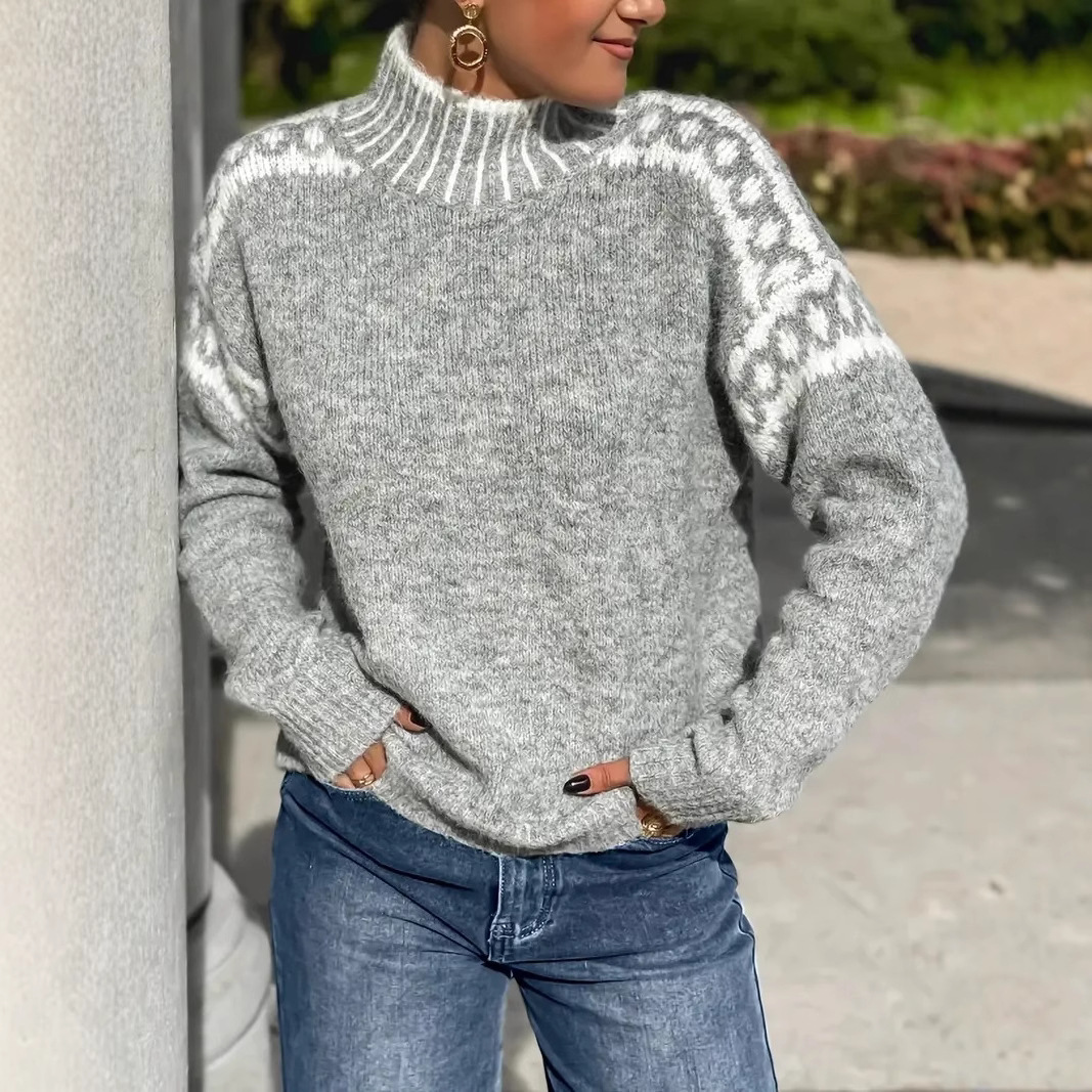 A new high-neck sweater for women from Europe and America, featuring a fashionable and casual style with a loose pattern and a pullover knitted sweater full figure