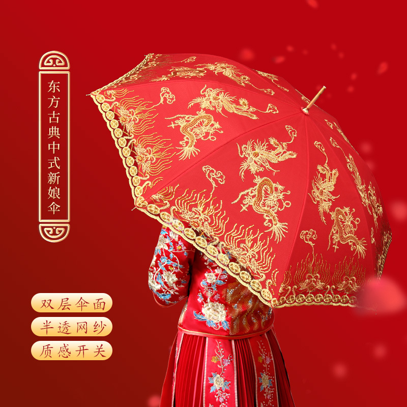 Chinese trend double-layer embroidery bridal umbrella, automatic red umbrella, Chinese-style wedding long-handled umbrella, bride's wedding celebration umbrella Application Scenario