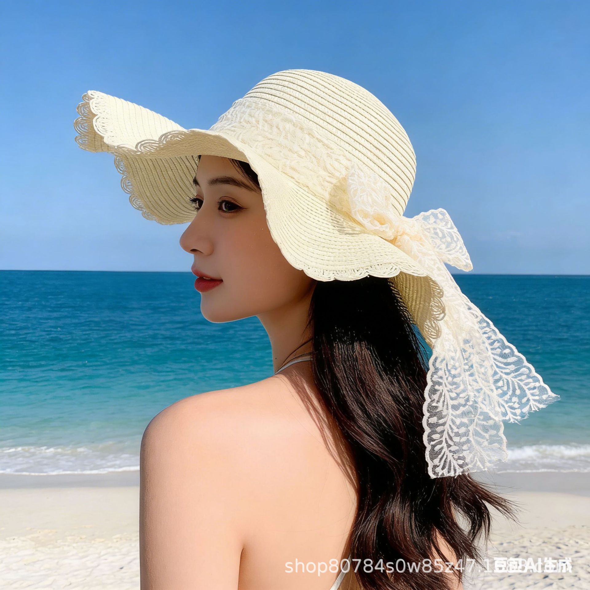 防晒草帽夏季户外出游大檐草帽蕾丝帽蝴蝶结透气草编帽厂家直销