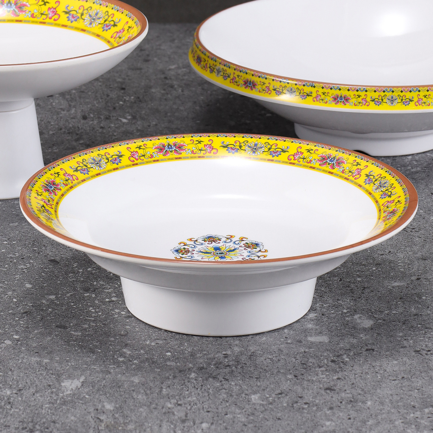 Melamine high foot plates, creative enamel color tableware, ethnic restaurants, hotels, cold dish plates, pastry, snack and fruit plates, commercial use