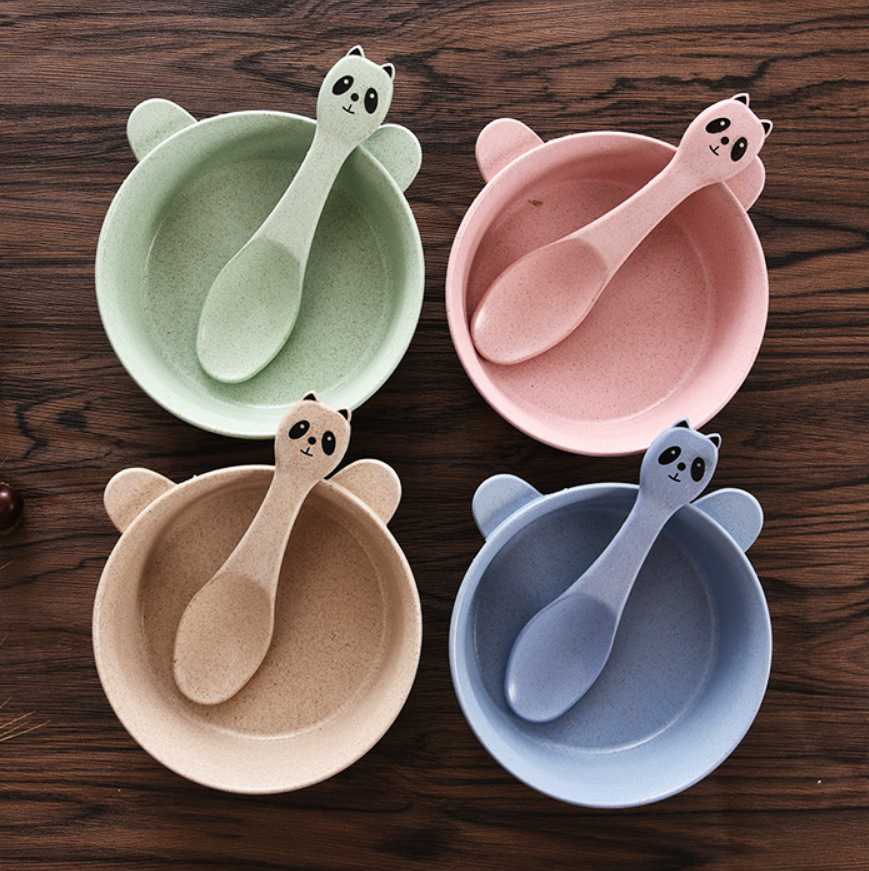 Creative cartoon panda-shaped rice bowl and wheat straw children's bowl and spoon set, degradable and heat-resistant manufacturer