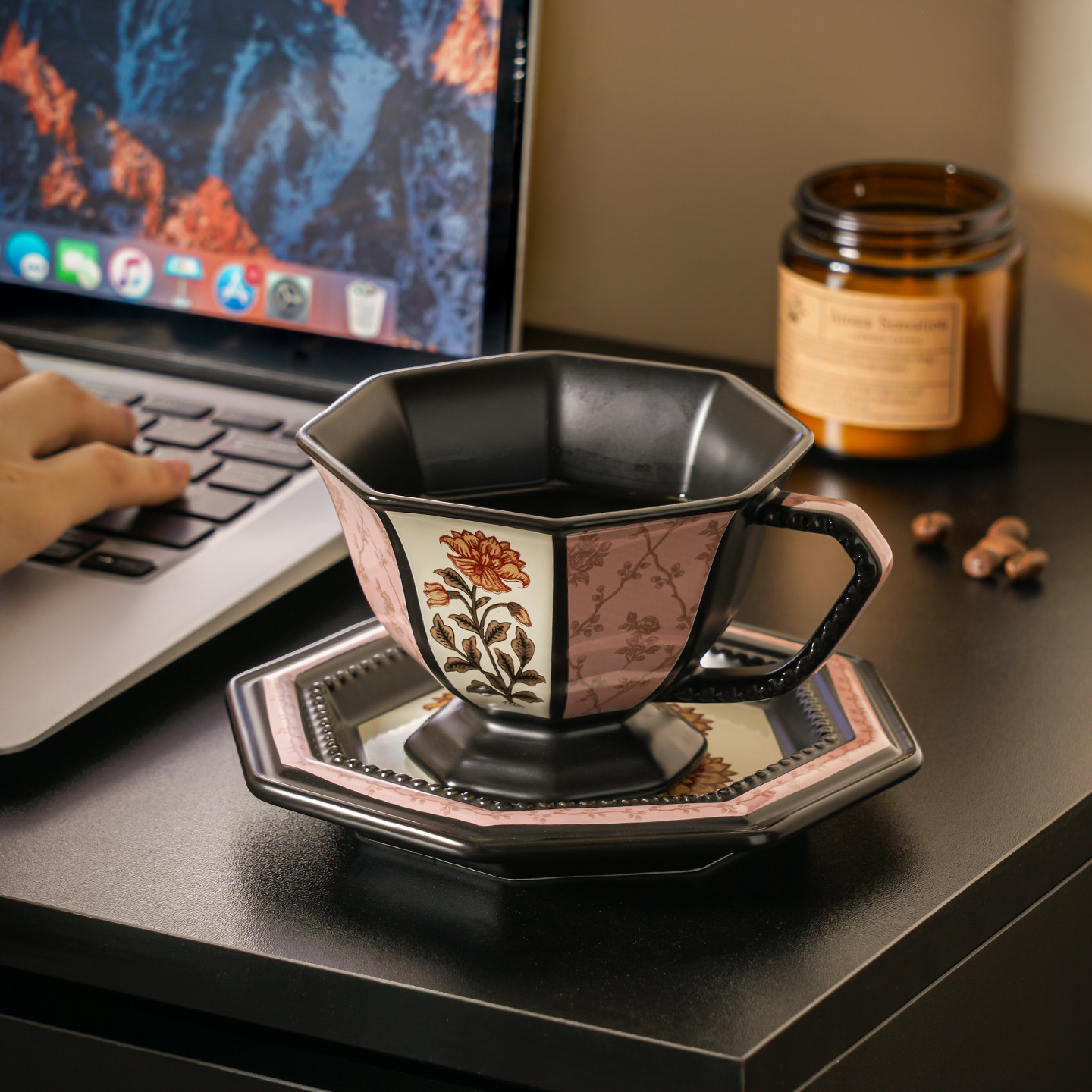 法式牡丹花咖啡杯碟轻奢高级感马克杯复古陶瓷咖啡杯拿铁拉花杯