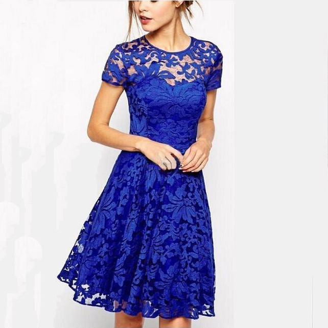 006 A new, stylish and stylish round-neck short-sleeved blue lace-trimmed dress that is selling well in Europe and America is in stock full figure