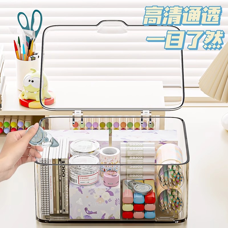 Desktop acrylic transparent storage box, flip-top desktop makeup dust-proof storage box, and zero food organization box Application Scenario