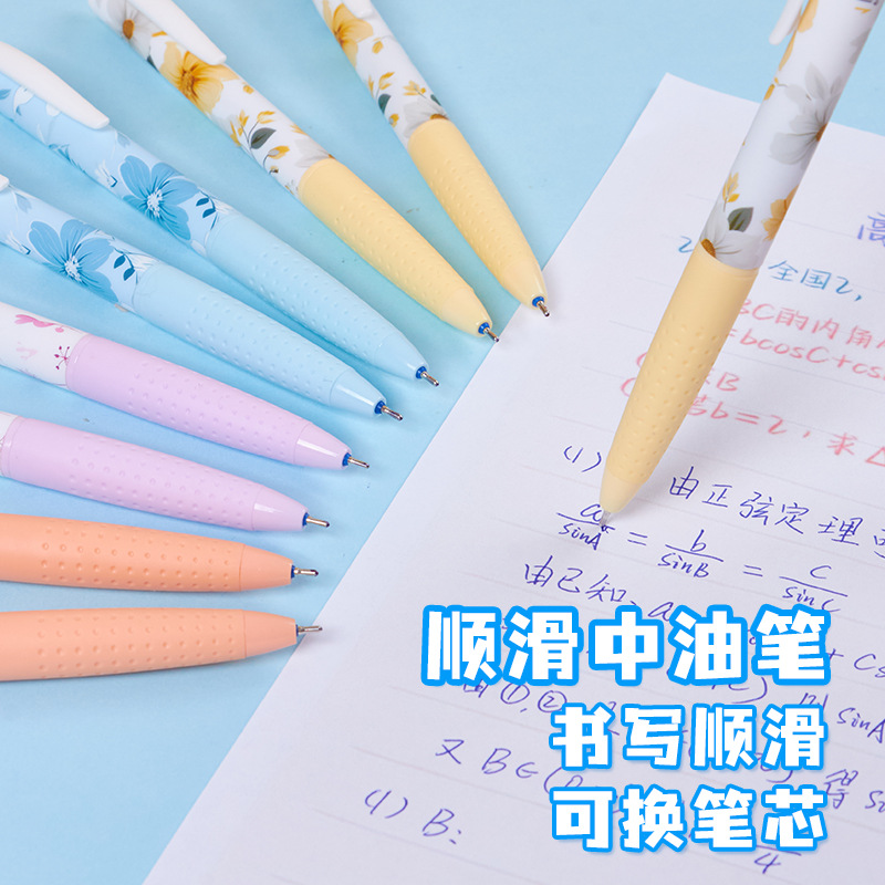 Wholesale of smooth oil pens in stock. 7766 blue oil pens per box, 36 pieces. Flower-handled oil pens Specification drawing