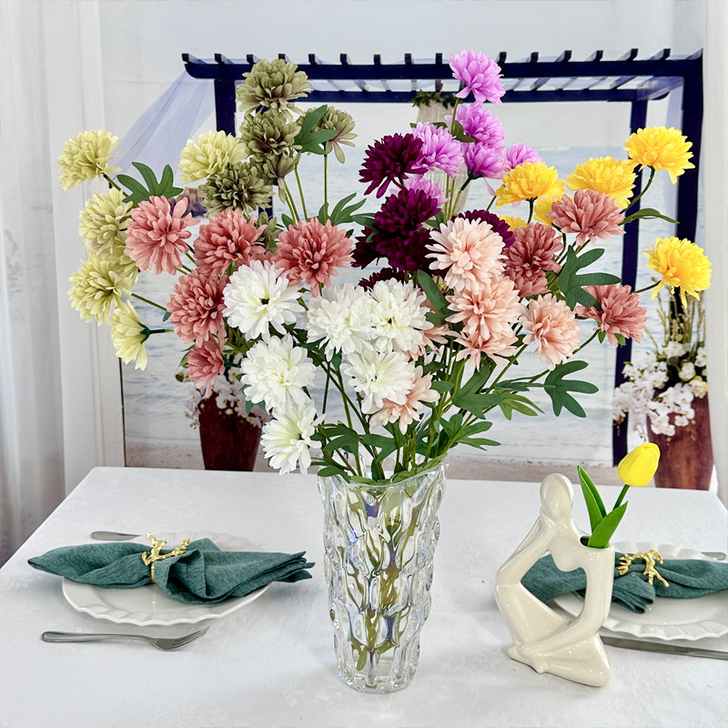 新款单支6头葱头球菊仿真花居家客厅桌DIY插花摆件装饰假花批发