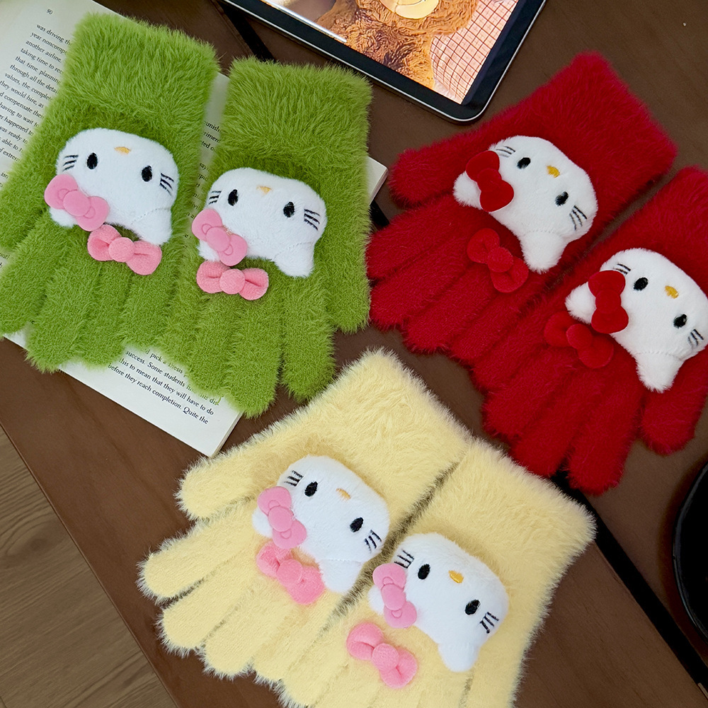 The Korean version of kitty Kitty is cute, warm, plush, cold-proof, thickened, cycling, finger-exposed touch screen, and knitted gloves are adorable details Picture