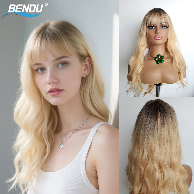 跨境欧美女时尚齐刘海长卷发假发女渐变式大波浪化纤头套假发wigs